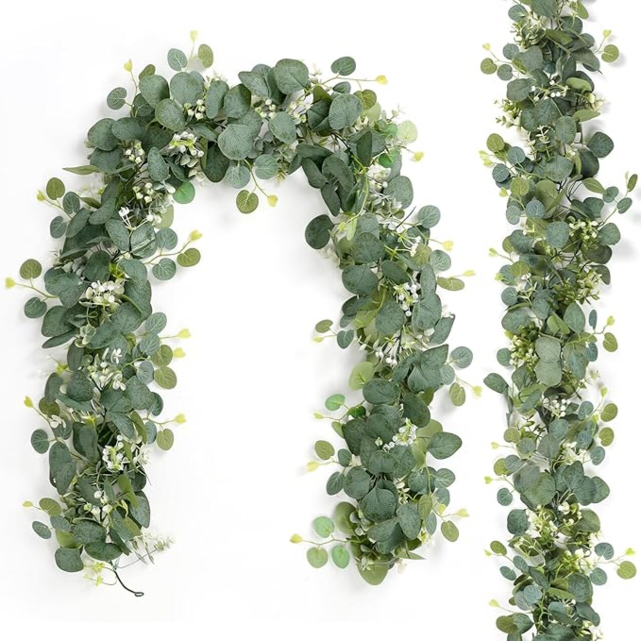 2 PCS Artificial Eucalyptus Garland 5.9FT Faux Silver Dollar Greenery Garland Vines with White Flower Boxwood Fake Hanging Plants for Wedding Home Party Table Mantle Wall Decor